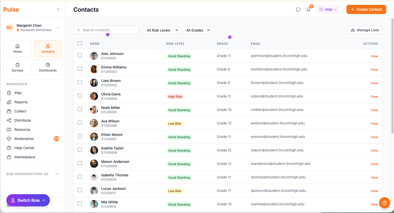 Pulse contact records list view with standardized data