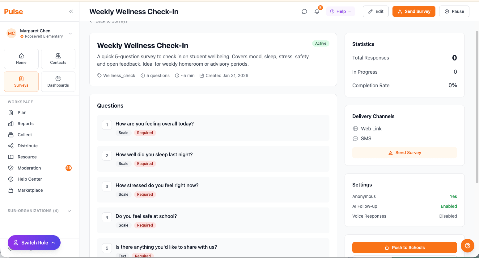 Pulse survey setup view for wellness check-ins