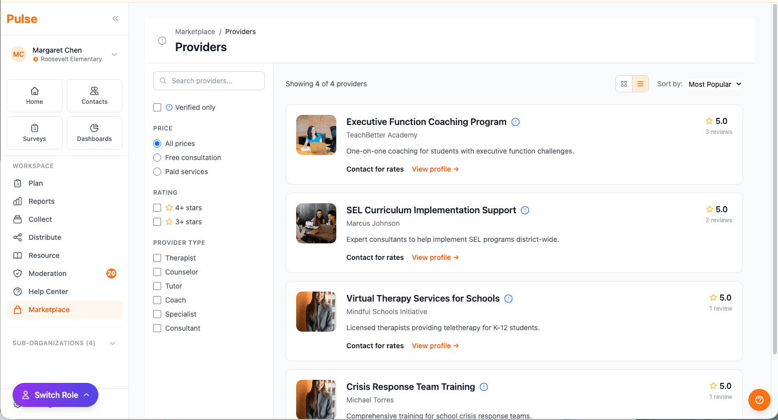 Pulse provider marketplace with connected system integrations
