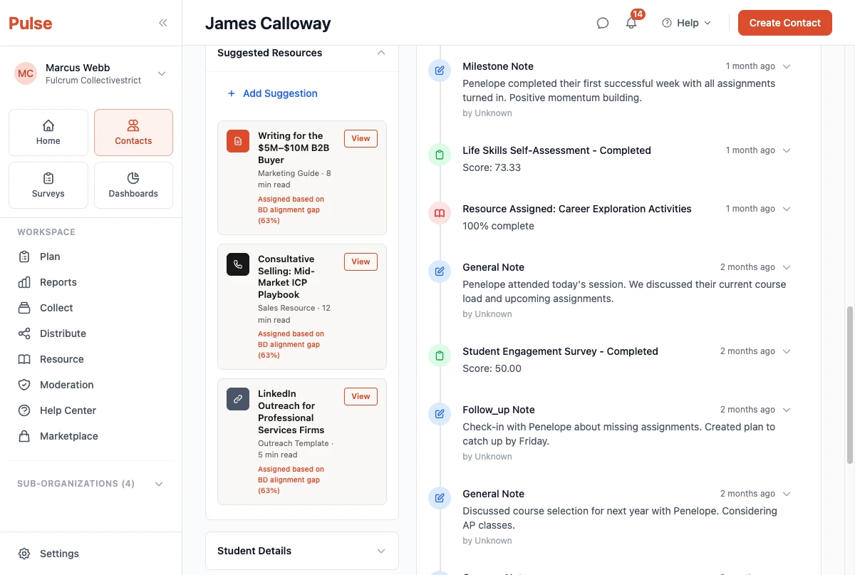 Pulse contact record for James Calloway showing 3 suggested resources: Writing for the $5M-$10M B2B Buyer, Consultative Selling ICP Playbook, LinkedIn Outreach for Professional Services