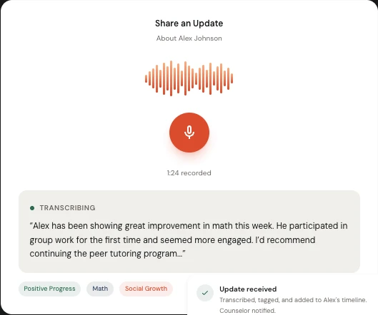 Pulse voice recording screen showing waveform, transcription in progress, and counselor notification confirmation